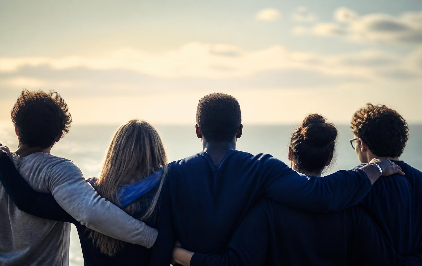 A group of people standing together, arms around each other, facing a bright horizon