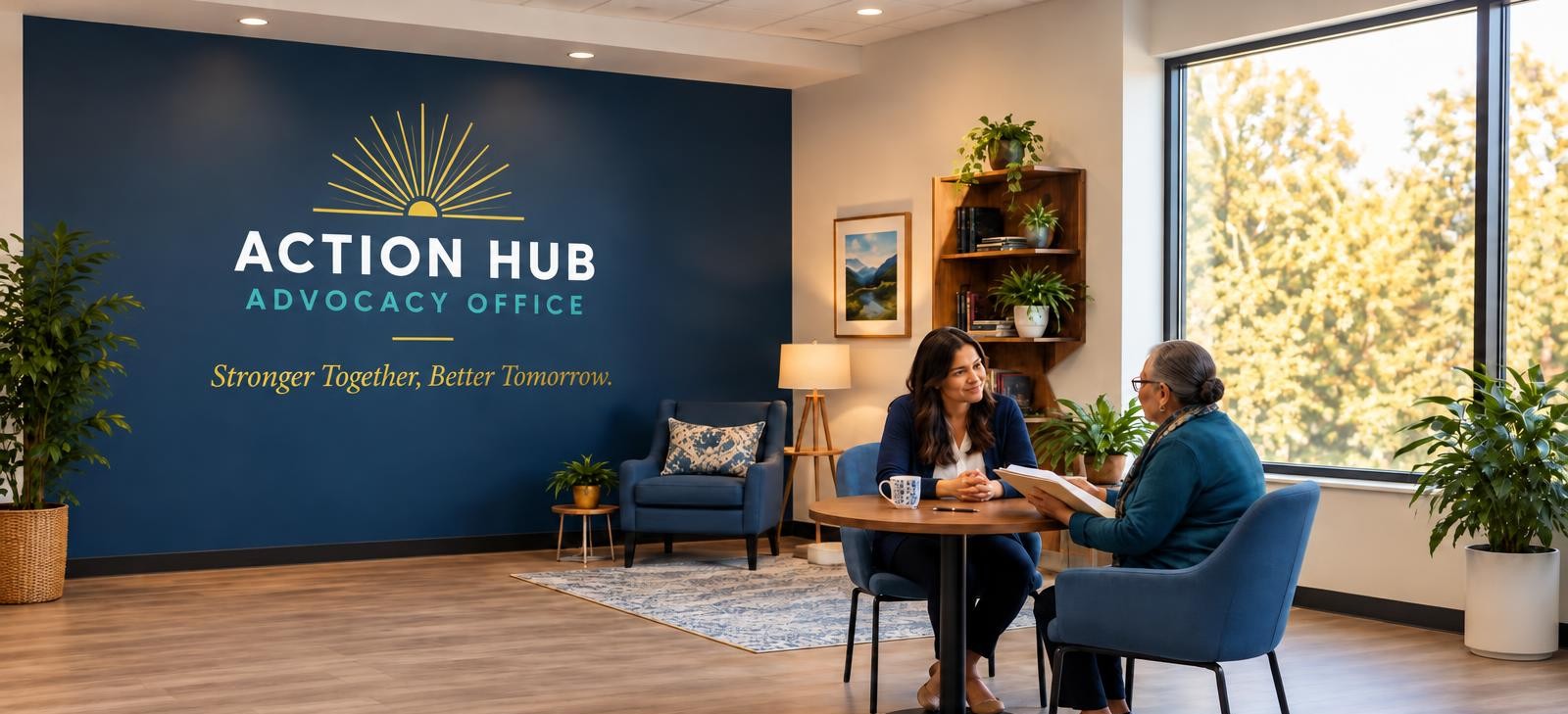 The Action Hub Advocacy Office sign on a navy wall above an advocate and an older woman sitting across a small round table, going through paperwork together
